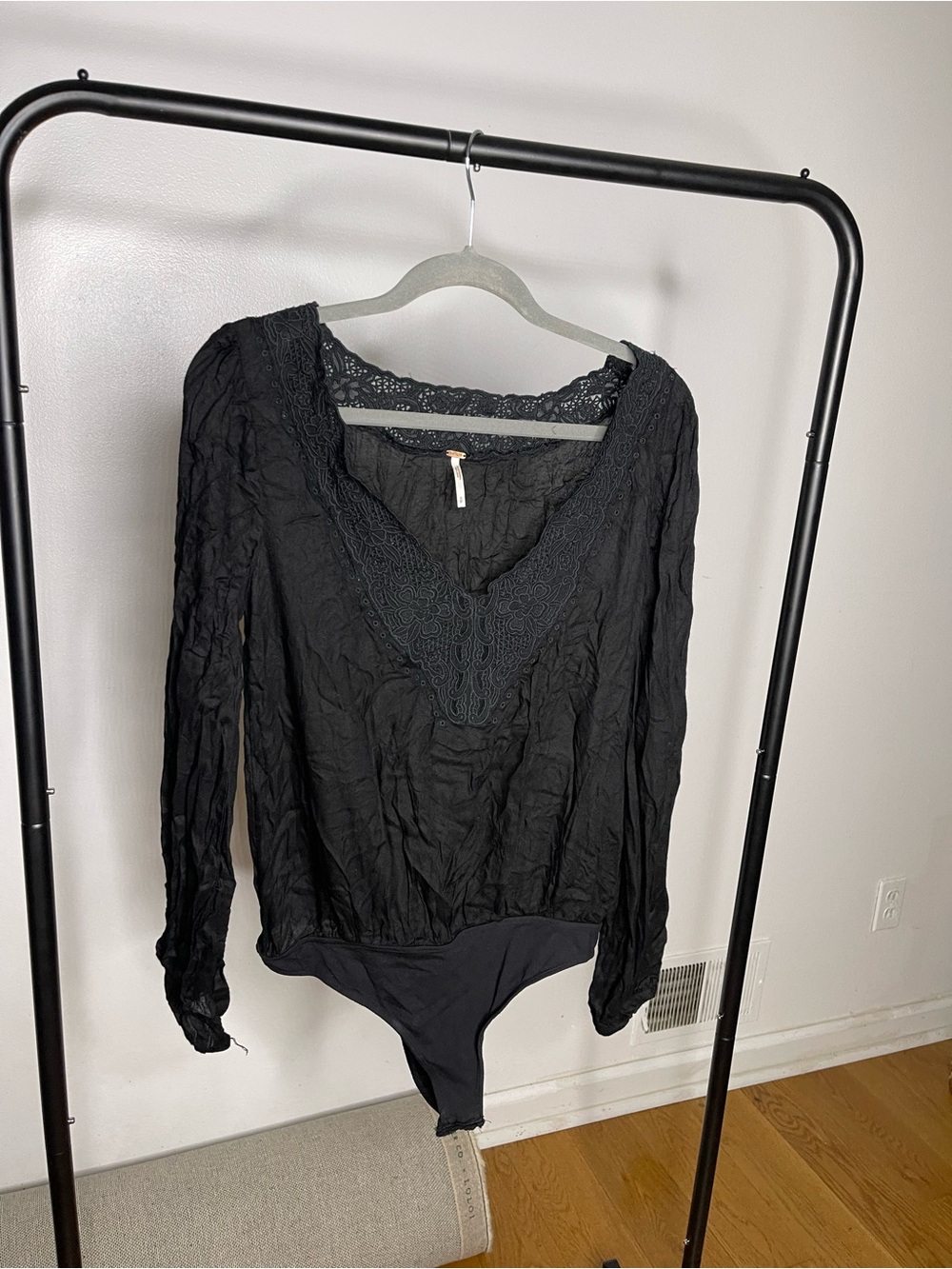 Free People Black Lace-Trim Long Sleeve Bodysuit